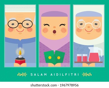 Cute cartoon muslim family (grandparent and grandchild) flat vector. Hari Raya Aidilfitri character for packet design, label, greeting card, graphic print, etc. (translation: Happy Fasting Day)