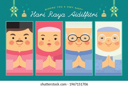 Cute cartoon muslim family (son, daughter and parent) flat vector. Hari Raya Aidilfitri character for packet design, label, greeting card, graphic print, etc. (translation: Happy Fasting Day)