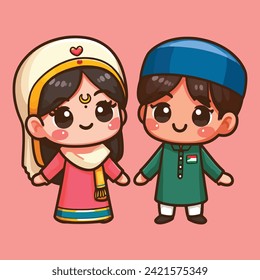 Cute cartoon Muslim girl and boy in traditional clothes. Vector illustration. Ramadan Kareem, Valentine's Day.