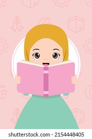 Cute cartoon Muslim girl reading a book illustration