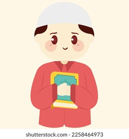 cute cartoon Muslim holding Al Quran flat vector illustration