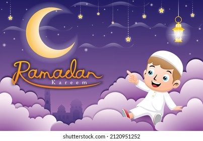 cute cartoon Muslim kids on clouds with lantern pointing to crescent moon at Ramadan night