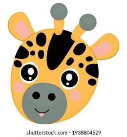 Cute cartoon muzzle of a baby giraffe with ruddy pink cheeks and protruding tongue on a white background. The single face of African animal for nursery decor, sticker, logo, digital stamp. Vector.