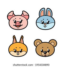 Cute cartoon muzzle baby pig,rabbit, bear and squirrel color variation for coloring page isolated on white background