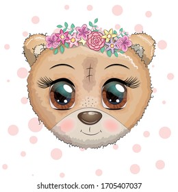 Cute cartoon muzzle bear in a wreath of flowers with beautiful eyes. Children's illustration