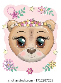 El mortero de caricatura muzzle en una guirnalda de flores con ojos hermosos. Ilustración infantil