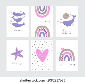 Cute cartoon Narwhal and heart, stars, moon, rainbow, ocean, fish - vecor print. Very Peri Narwhal - Children's Room Wall Decor - cards or poster. Valentine day cards