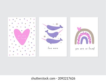 Cute cartoon Narwhal and heart, stars, moon, rainbow, ocean, fish - vecor print. Very Peri Narwhal - Children's Room Wall Decor - cards or poster. Valentine day cards