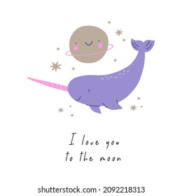 Cute cartoon Narwhal and heart, stars, moon, rainbow, ocean, fish - vecor print. Very Peri Narwhal - Children's Room Wall Decor - cards or poster. Valentine day cards
