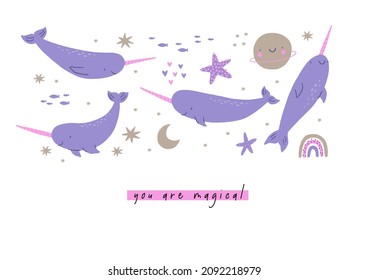 Cute cartoon Narwhal and heart, stars, moon, rainbow, ocean, fish - vecor print. Very Peri Narwhal - Children's Room Wall Decor - cards or poster. Valentine day cards