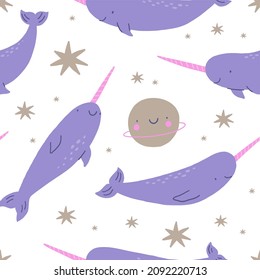 Cute cartoon Narwhal and heart, stars, moon, rainbow, ocean, fish - vecor print. Very Peri Narwhal - seamless pattern