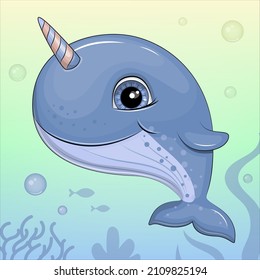 Cute cartoon narwhal with a horn. Underwater sea animal vector illustration with bubbles and seaweeds.