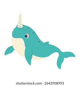 Ilustração de narval de desenho animado bonito. Animal marinho ártico com uma presa em espiral. Perfeito para projetos infantis, educação e projetos com temática marinha.