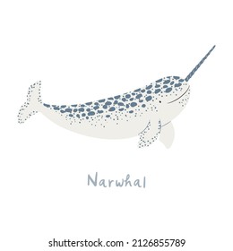 Cute cartoon narwhal, isolated on white. Hand drawn vector illustration. Winter animal character. Arctic wildlife, nature. Design concept for kids fashion, textile print, poster, card, baby shower.