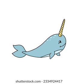 Cute cartoon narwhal isolated on white background. Child vector illustration in doodle style