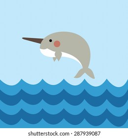 Cute cartoon narwhal in the sea. Vector illustration