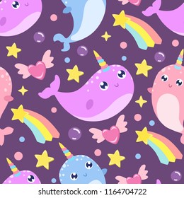 Cute cartoon narwhal seamless background