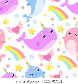 Cute cartoon narwhal seamless background