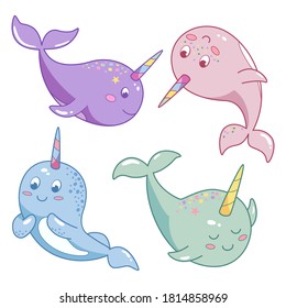 Cute cartoon narwhal seamless. Marine animal narval, character baby fairytale unicorn narwhal. Narvals diferent color on white background. Vector illustration