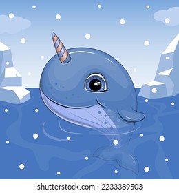 Cute cartoon narwhal is swimming in winter. Vector illustration of an animal on a blue background with snow.