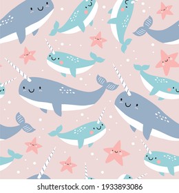 Cute cartoon Narwhal - vector illustration. Seamless pattern - Narwhal mom and baby