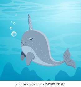 Cute cartoon narwhal. Vector illustration on a cartoon background. Letters H in the alphabet for teaching, postcards