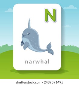 Cute cartoon narwhal. Vector illustration on a cartoon background. Letters H in the alphabet for teaching, postcards