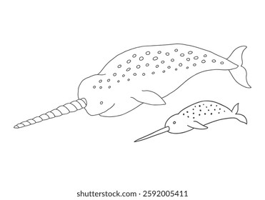 Cute Cartoon Narwhal Whale. Arctic, Polar sea animal. Creature image outline doodle icon. Vector Illustration.