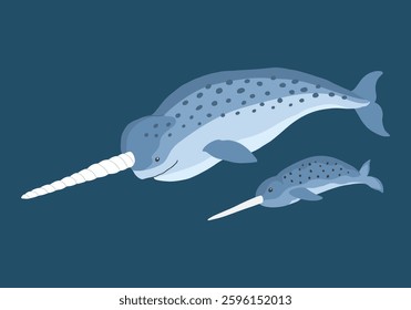 Cute Cartoon Narwhal Whale. Arctic, Polar sea animal. Creature image icon. Vector Illustration.