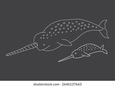 Cute Cartoon Narwhal Whale. Arctic, Polar sea animal. Creature image outline doodle icon. Vector Illustration.