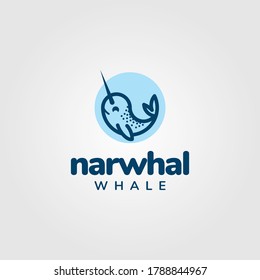 Cute Cartoon Narwhal Whale inside a blue circle. Fun, modern, simple, and clean. Suitable for conservation logos, children's clothing, hotels, playgrounds, etc.