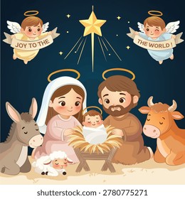 Cute cartoon nativity scene illustration with baby Jesus, Mary, Joseph, angels, and stable animals under a bright star.