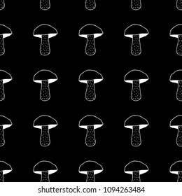 Cute cartoon nature background with hand drawn mushrooms. Sweet vector black and white nature background. Seamless monochrome doodle nature background for textile, wallpapers and wrapping paper.