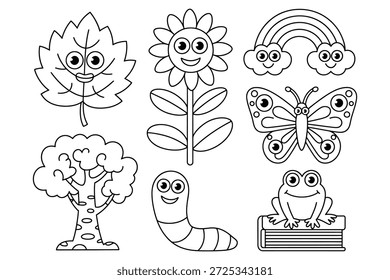 Nette Cartoon Naturelemente mit Gesichtern Blattblume