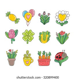 cute cartoon nature icons - clover, ladybug, flower, daisy, balloons, cup, carrot, candy
