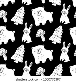 Cute cartoon nature pattern with hand drawn bear, bunny, amanita and christmas tree. Sweet vector black and white nature pattern. Seamless monochrome nature pattern for textile, wallpapers and cards.