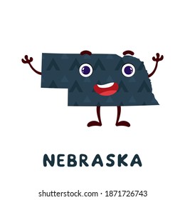 Cute cartoon Nebraska state character clipart. Illustrated map of state of Nebraska of USA with state name. Funny character design for kids game, sticker, cards, poster. Vector stock illustration.