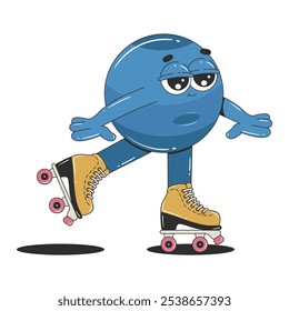 Cute cartoon Neptune planet in trendy groovy style. Retro character roller skating. Isolated vector illustration.