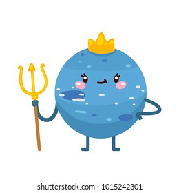 Cute cartoon Neptune with trident, planet, god of Greek mythology, vector character, Solar system.