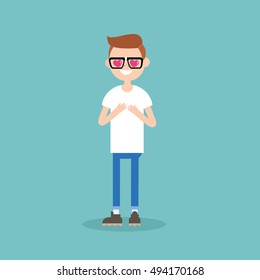 Cute cartoon nerd boy with heart-shaped eyes falling in love / Editable flat vector illustration