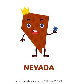 Cute cartoon Nevada state character clipart. Illustrated map of state of Nevada of USA with state name. Funny character design for kids game, sticker, cards, poster. Vector stock illustration.