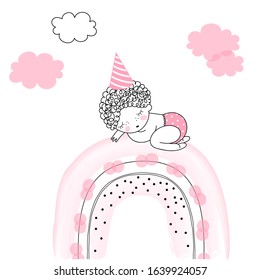 Cute cartoon new born baby sleeping on whimsical pink rainbow. Simple linear drawing of little festal child in cone hat. Birthday party Baby shower nursery design. Vector illustration isolated on