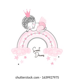 Cute cartoon new born princess baby girl in ballerina skirt sleeping on whimsical pink rainbow. Simple linear drawing of little festal doll in crown. Birthday party Baby shower nursery girlish design