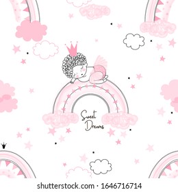 Cute cartoon new born princess doll in ballerina skirt sleeping on whimsical pink rainbow cloud starry confetti vector seamless pattern. Birthday Baby girl shower sweet dreams nursery girlish backdrop