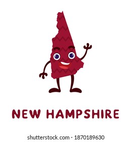 Cute cartoon New Hampshire state character clipart. Illustrated map of state of New Hampshire of USA with state name. Funny character design for kids game, sticker, cards, poster. Vector illustration