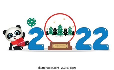 Cute Cartoon new year 2022 christmas with glass ball with cute panda with balloon. Perfect for greeting cards, party invitations, posters, stickers, pin, scrapbooking, icons.