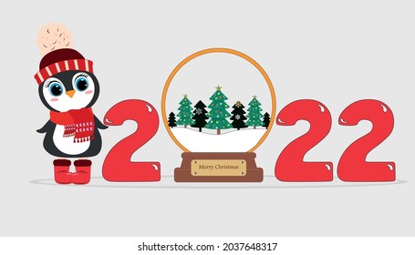 Cute Cartoon new year 2022 christmas with glass ball with cute penguin. Perfect for greeting cards, party invitations, posters, stickers, pin, scrapbooking, icons.