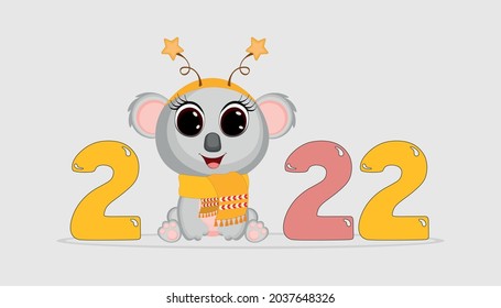 Cute Cartoon new year 2022 christmas with cute koala. Perfect for greeting cards, party invitations, posters, stickers, pin, scrapbooking, icons.