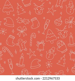 Cute cartoon new year pattern with stylised characters. Festive white and red artwork. Deer, candy, stars, santa hat, candle, ribbon and more. Perfect for fabric and wripping paper