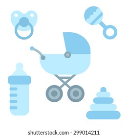 Cute cartoon newborn baby items in boy blue color: stroller, pacifier, milk bottle and toys. Baby shower design elements. Flat vector style.